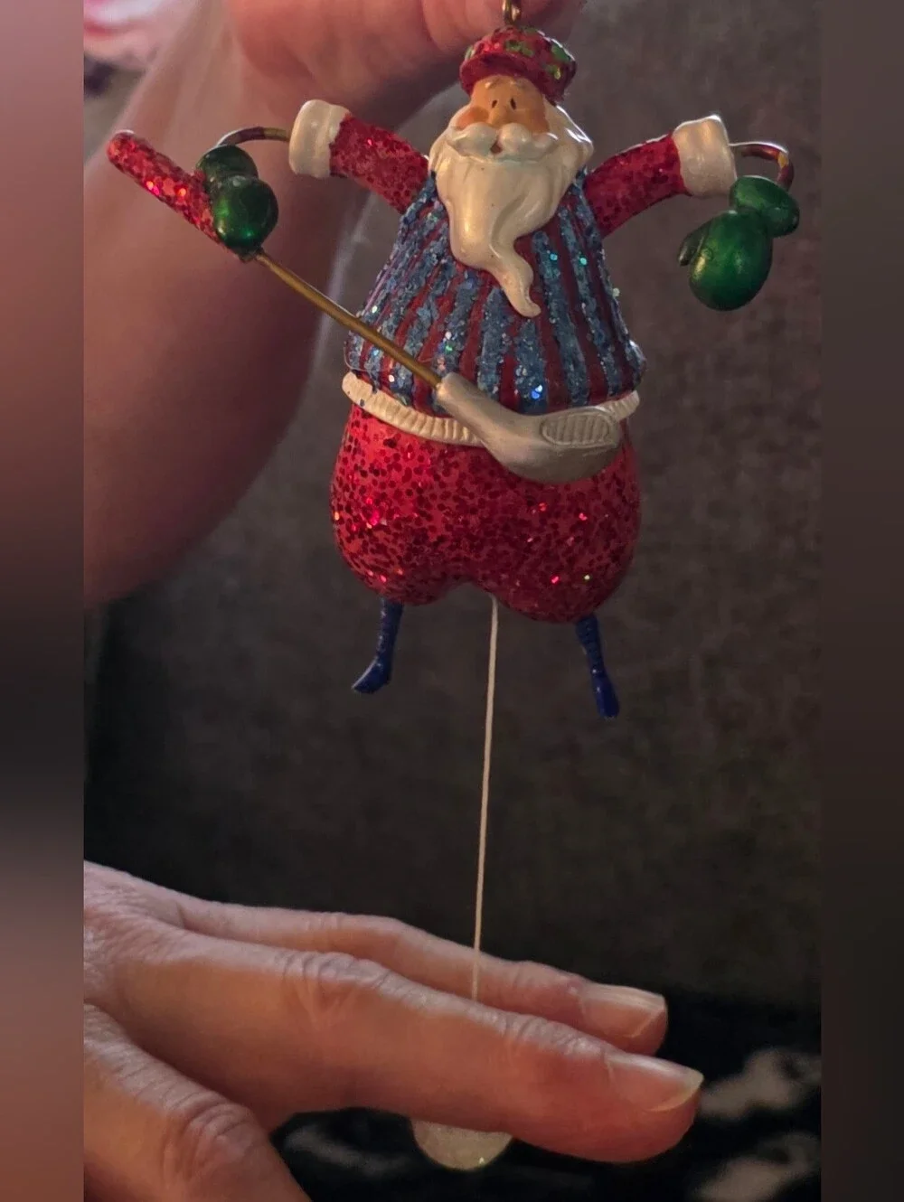 Holiday Santa Ornament in Red Glitter with Green Mittens